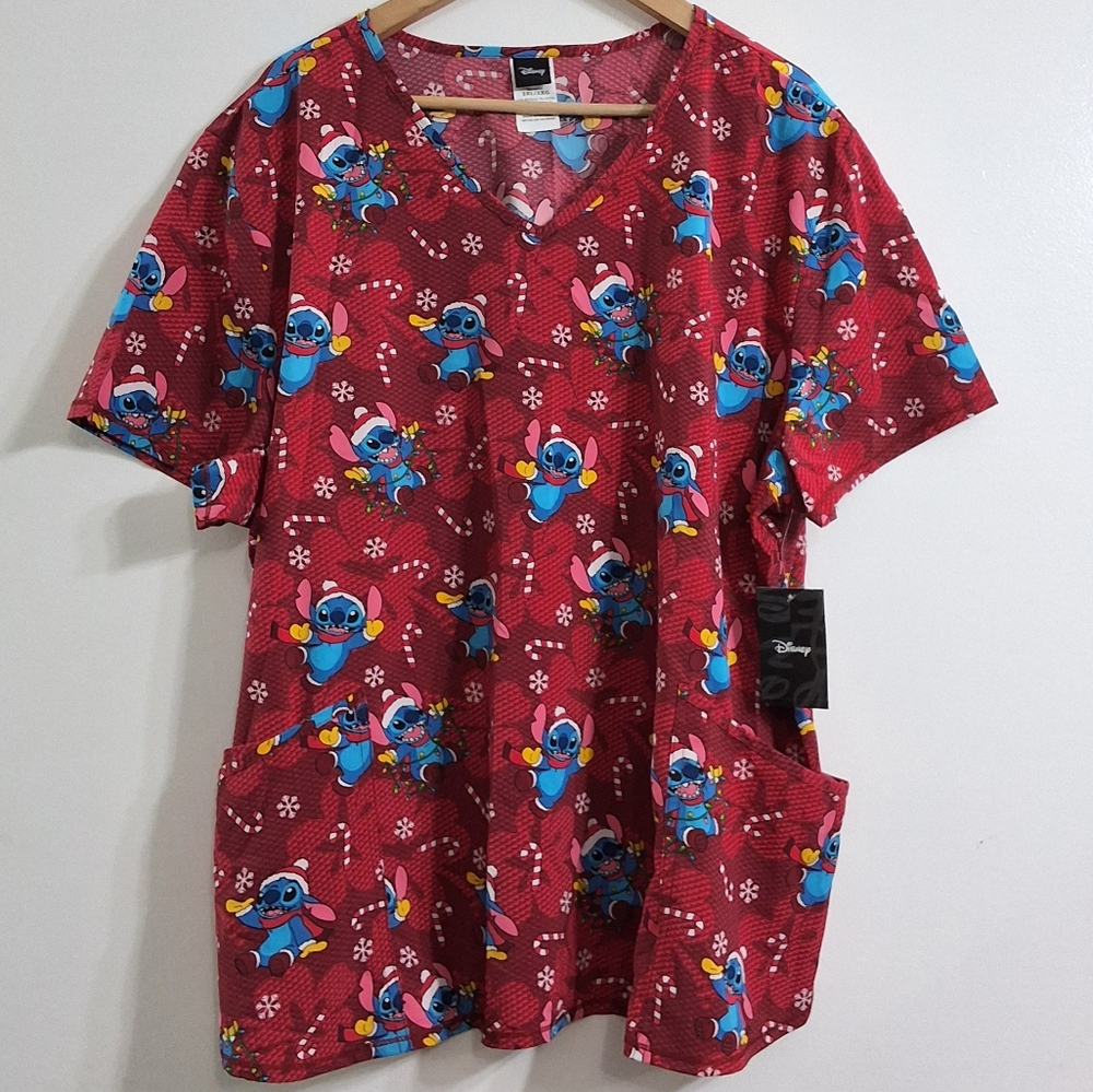 Disney Stitch Christmas Holiday Candy Cane V Neck Scrub Top, Size 3XL NWT